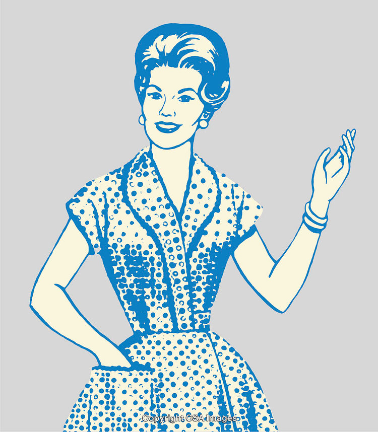 Retro Line Art Illustration of a Woman in a Polka Dot Dress
