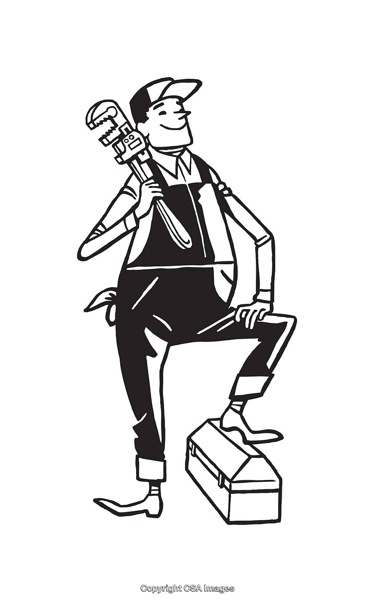 Retro Line Art Illustration of a Plumber Holding a Wrench