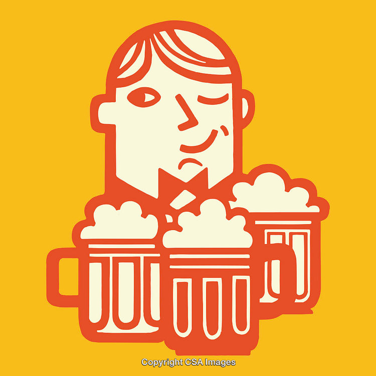 Colorful Line Art Illustration Featuring Beer Mugs and Human Character