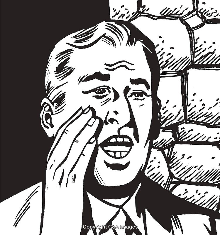 Black and White Illustration of Man Expressing Emotion with Brick Wall Background