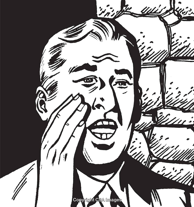 Black and White Illustration of Man Expressing Emotion with Brick Wall Background