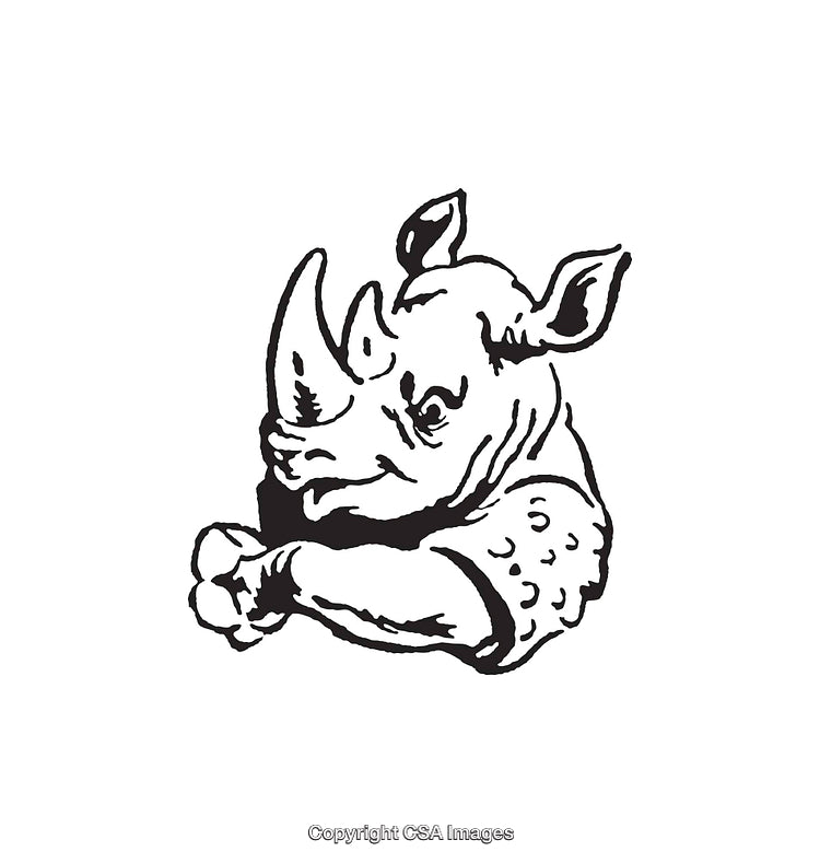 Black and White Illustration of a Rhino in Character Pose