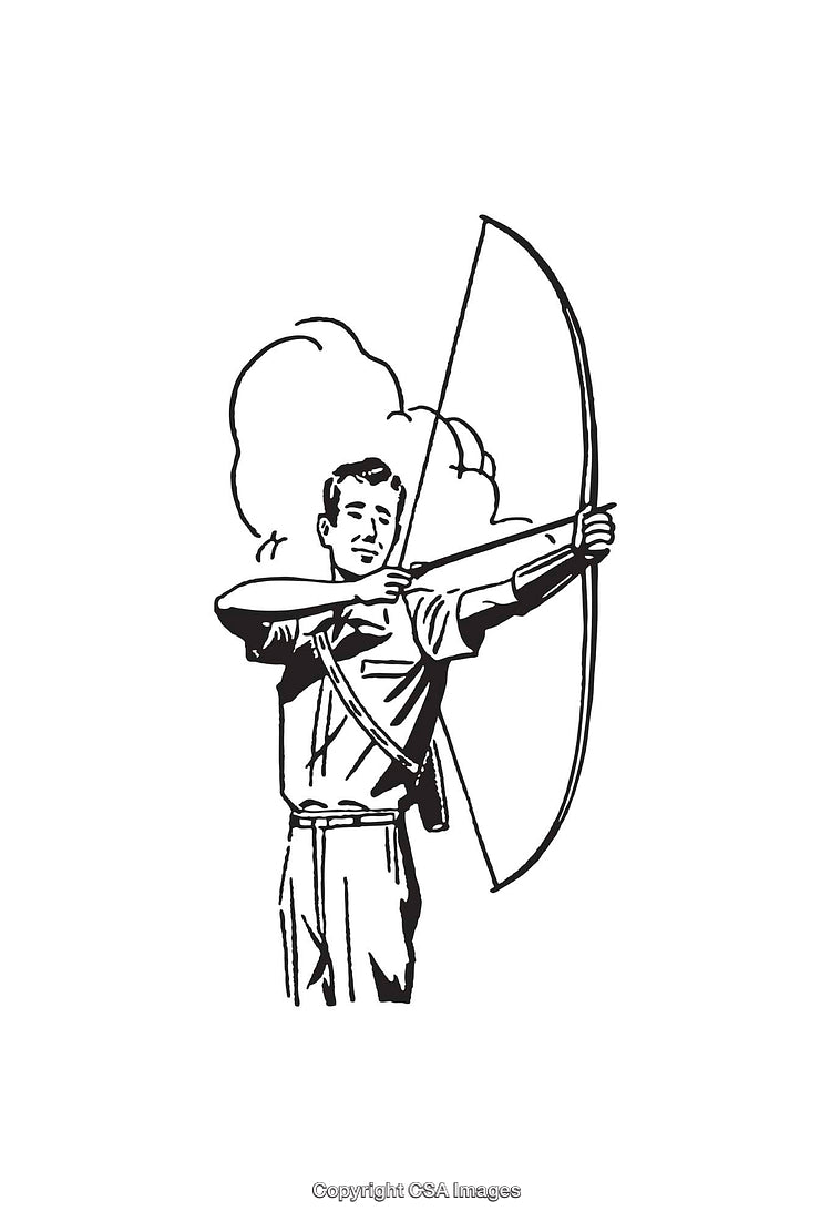 Vintage Illustration of an Archer Drawing a Bow in Black and White
