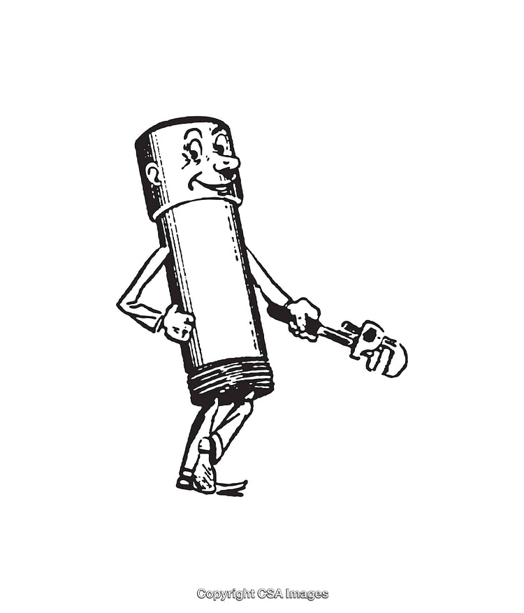 Vintage Black and White Illustration of a Humorous Character Holding a Tool
