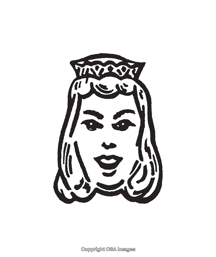 Black and White Line Art of a Queen's Face with a Crown