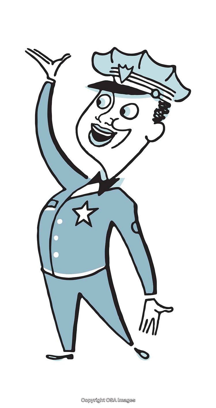 Cheerful Cartoon Police Officer Raising Hand in a Friendly Gesture