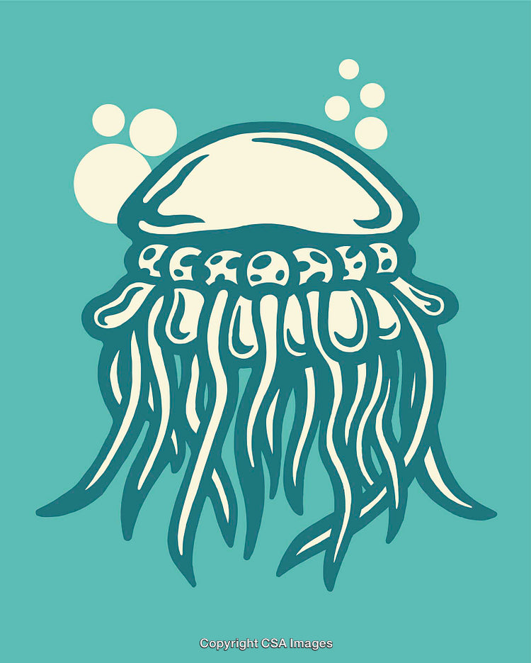 Vintage Line Art Illustration of a Jellyfish With Aquatic Elements