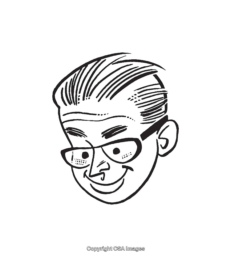 Black and White Illustration of a Smiling Person Wearing Glasses