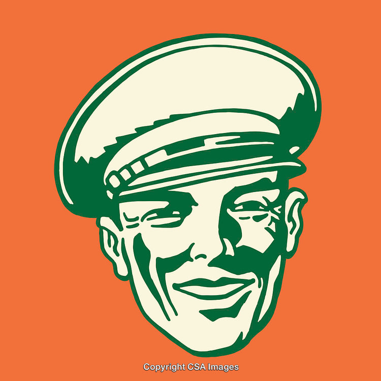 Retro Line Art Portrait of a Smiling Man in Uniform Cap