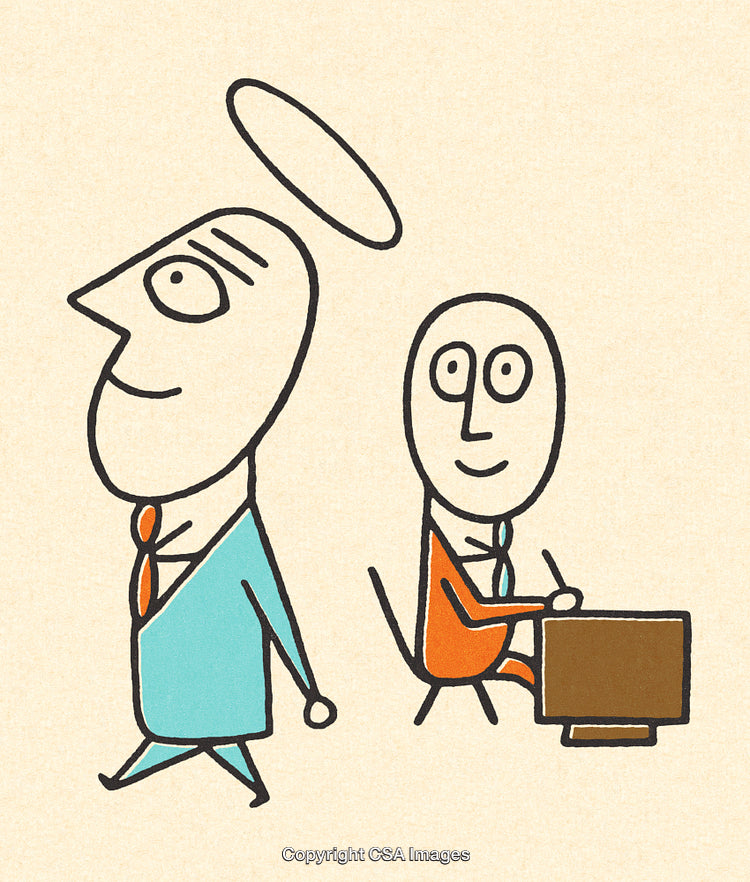 Whimsical Illustration of Characters With Halo and Desk in Office Setting