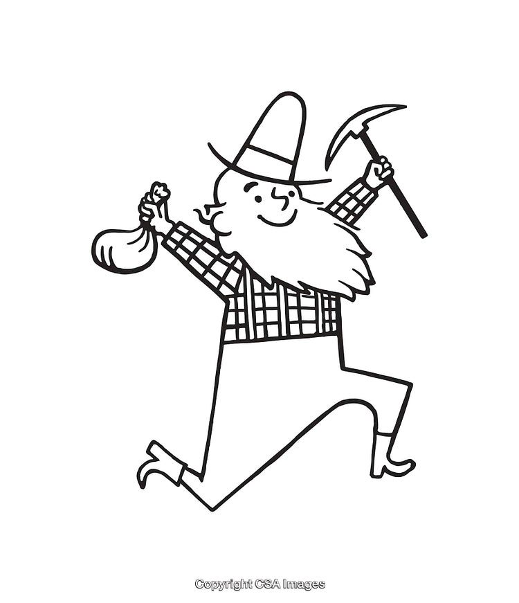 Excited Prospector Jumping with Pickaxe and Bag of Treasures