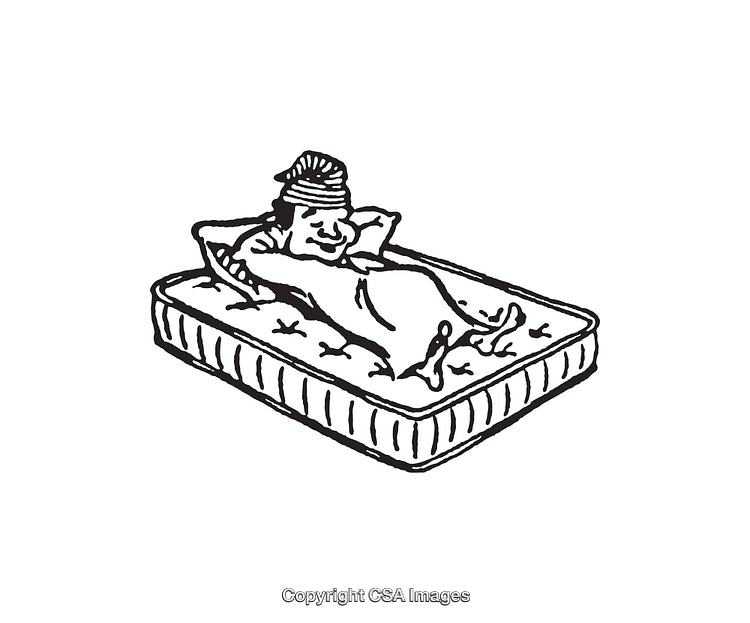 Illustration of a Relaxing Character on a Mattress in Monochrome Lineart