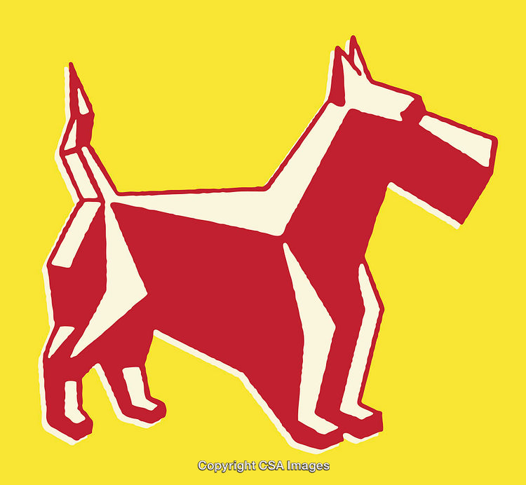 Geometric Red Dog Illustration on a Bright Yellow Background