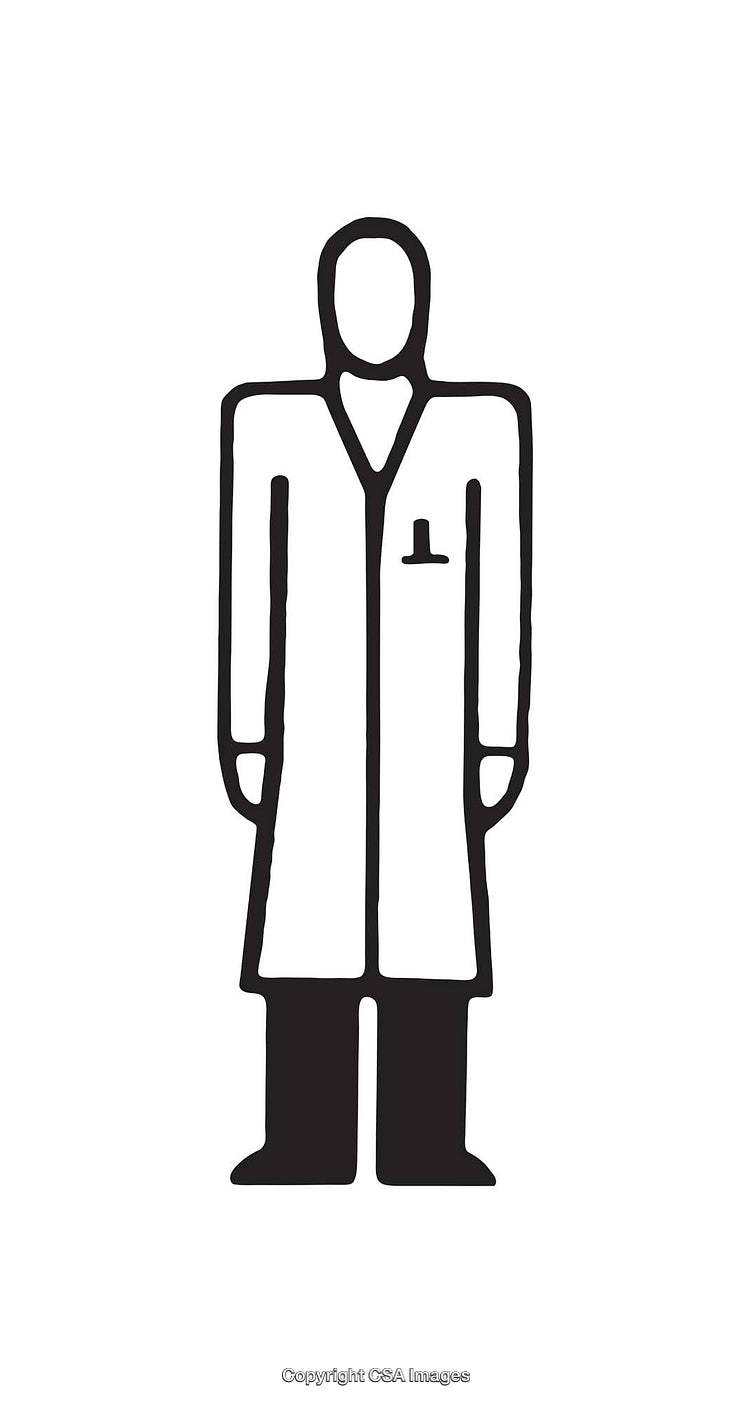Minimalistic Black And White Icon Depicting a Person in a Lab Coat