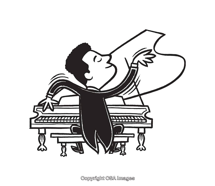 Black and White Cartoon of a Pianist Playing a Grand Piano Expressively