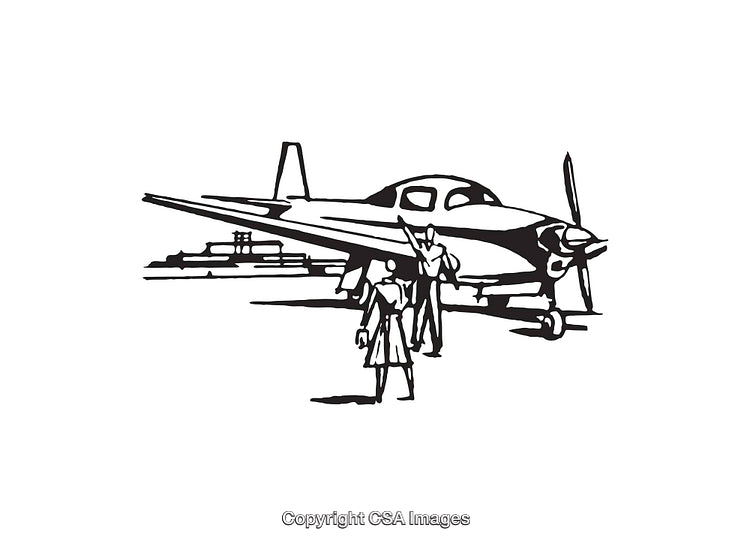 Vintage Black and White Line Art of Airplane and People at Airport
