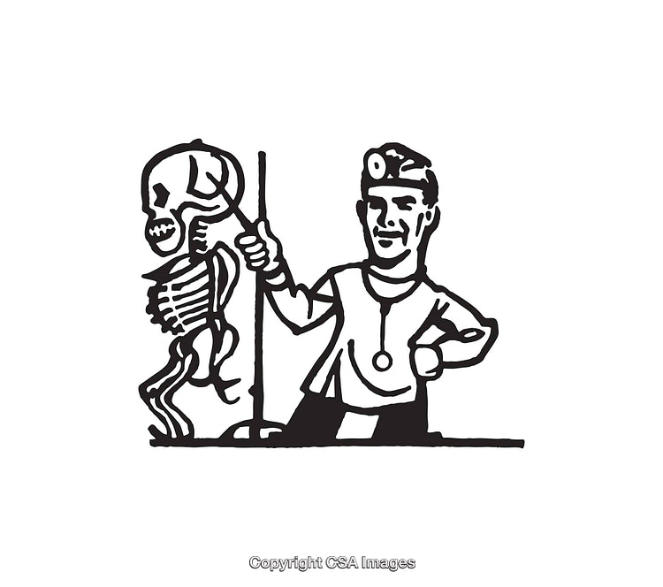Black and White Line Art of Doctor Examining Skeleton