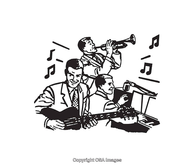 Group of Musicians Playing Instruments in Vintage Black and White Style Illustration
