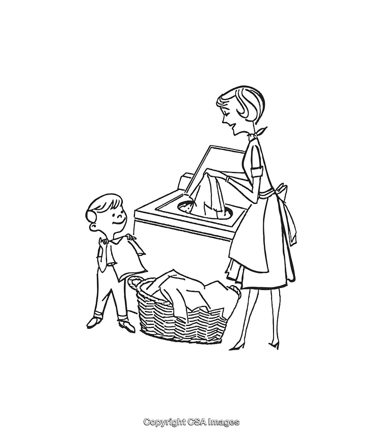 Retro Line Art Illustration of a Mother Doing Laundry with Child