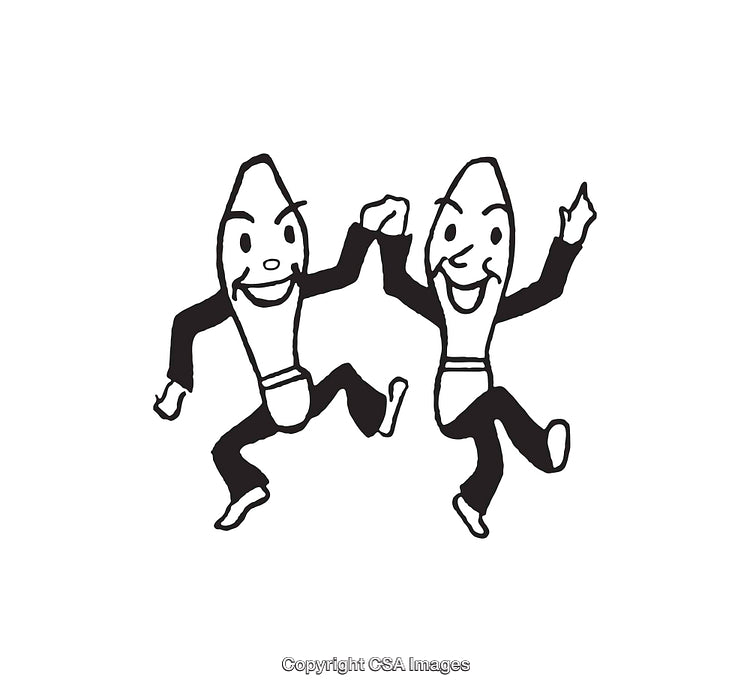 Dancing Cartoon Figures in Black and White Line Art Illustration