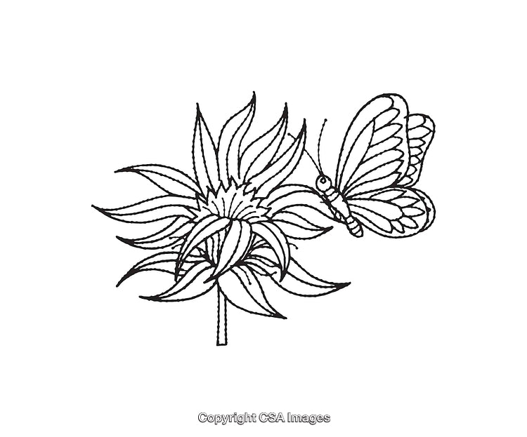 Black and White Line Art Featuring Butterfly and Sunflower Illustration