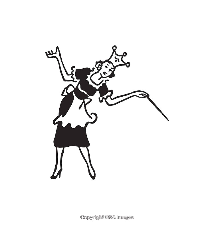 Whimsical Line Art of a Queen in Costume With a Crown and Wand