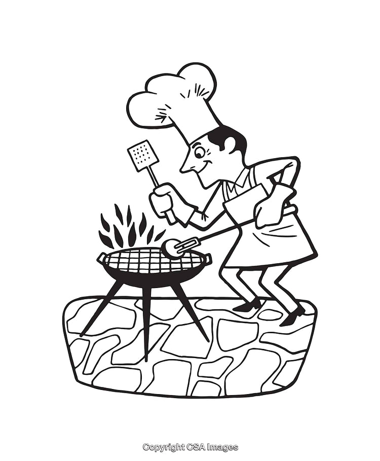 Chef Cooking on Outdoor Grill with Flames in Black and White Artwork