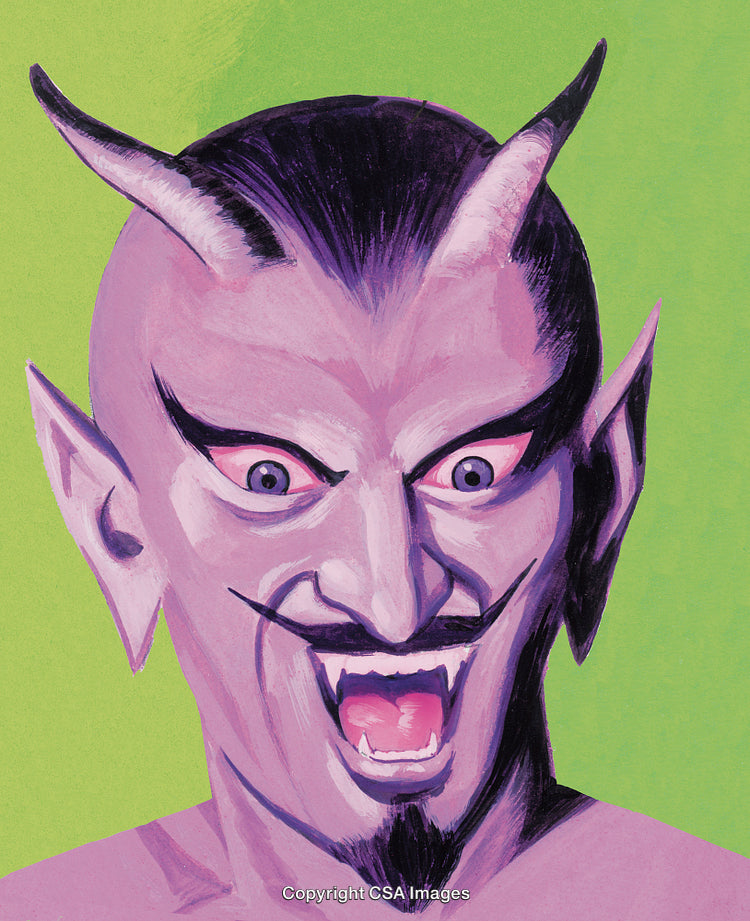 Creepy Illustration of a Purple Demon With Horns and Fiery Expression