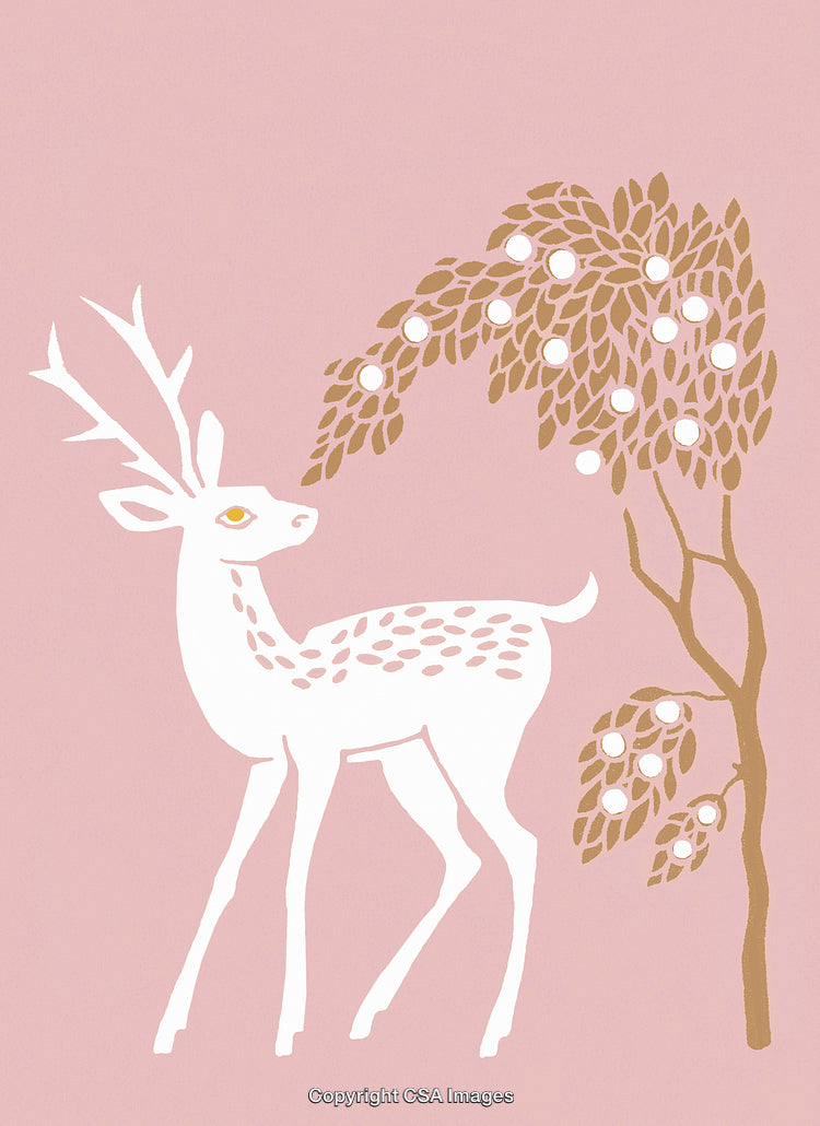 Elegant White Deer With a Tree on a Soft Pink Background