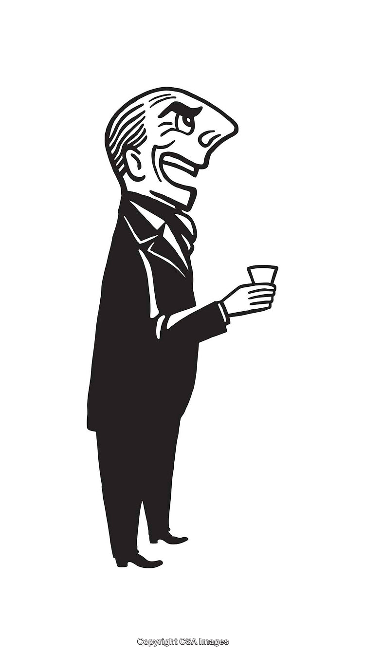 Black and White Cartoon Gentleman Holding a Glass in Line Art Style