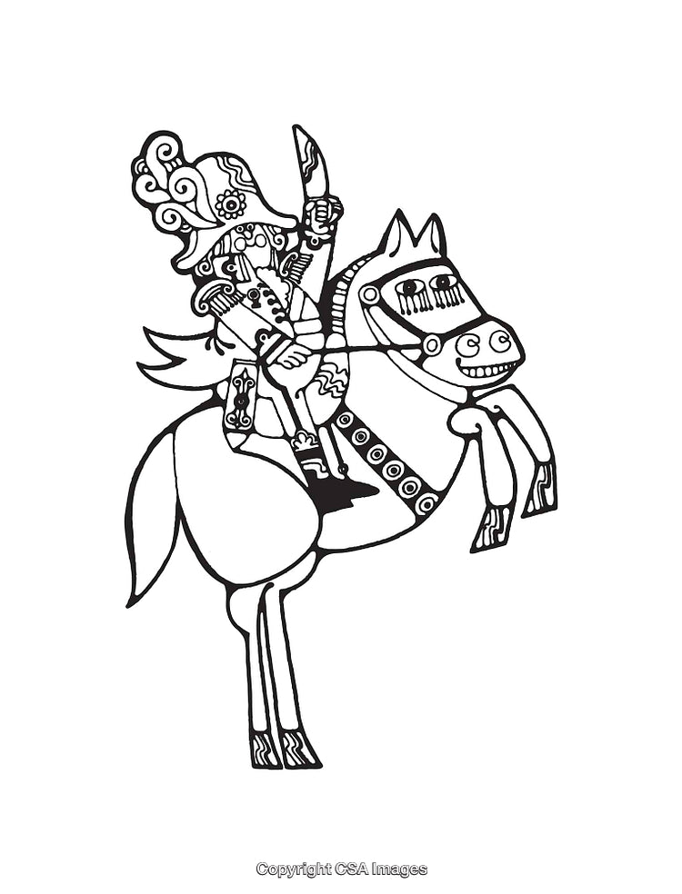 Intricate Black And White Line Art Depicting Warrior Riding A Horse