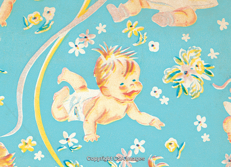 Adorable Baby Illustration Amidst Florals on a Vintage Blue Background
