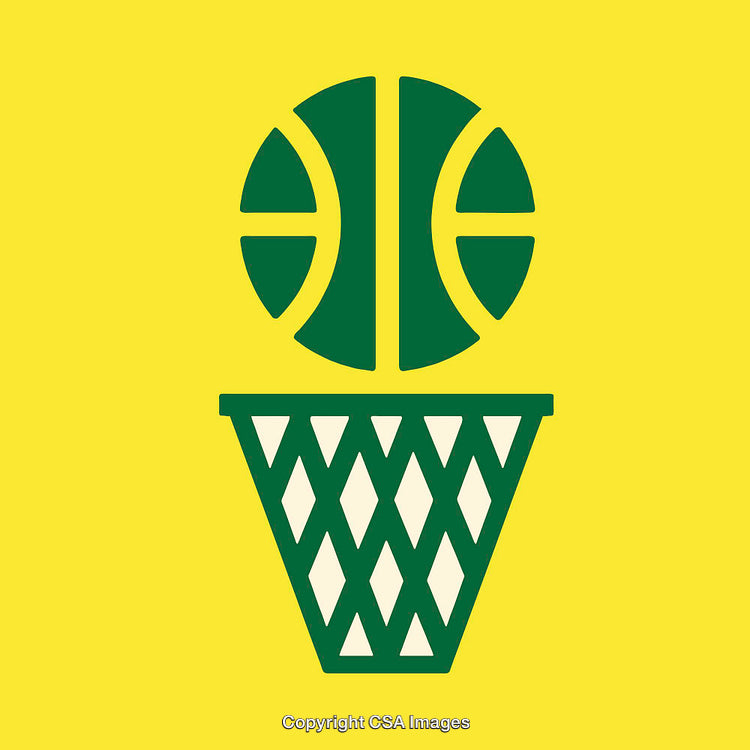 Minimalistic Illustration of a Green Basketball and Hoop on Yellow Background