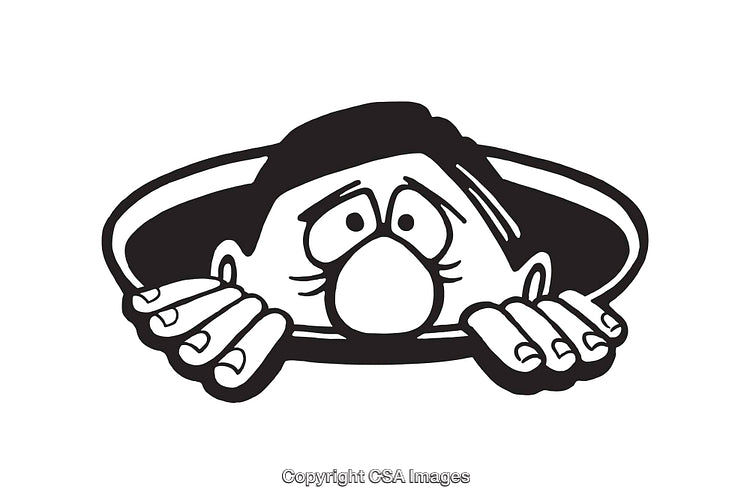 Black and White Line Art of a Curious Cartoon Character Peeking