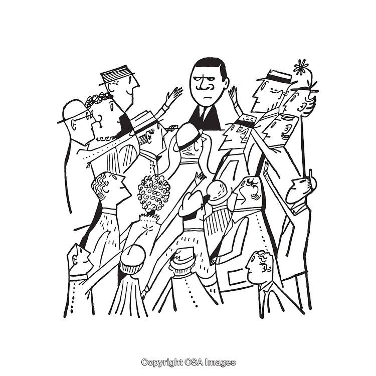 Crowd Gathered Around Concerned Individual in Monochrome Line Art