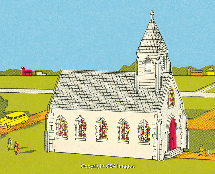 Colorful Illustrated Church Amid Scenic Rural Landscape with Stained Glass Windows