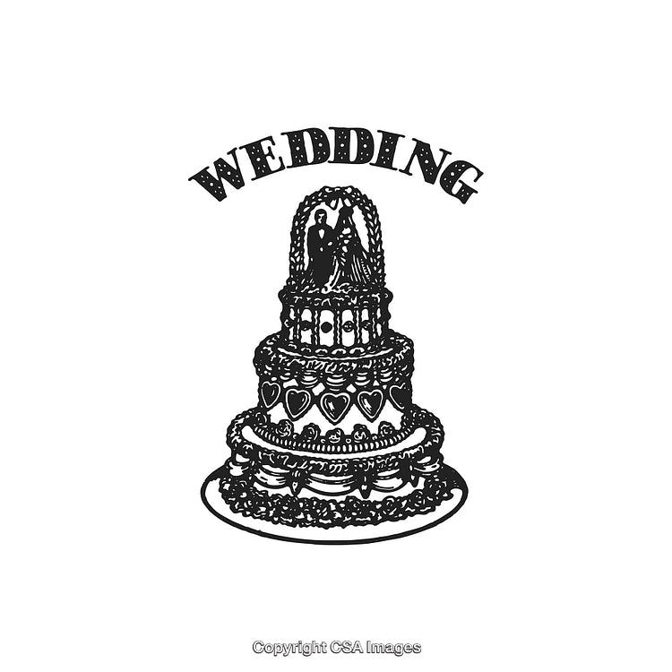 Vintage Wedding Cake Illustration with Heart Decorations and Bridegroom Topper