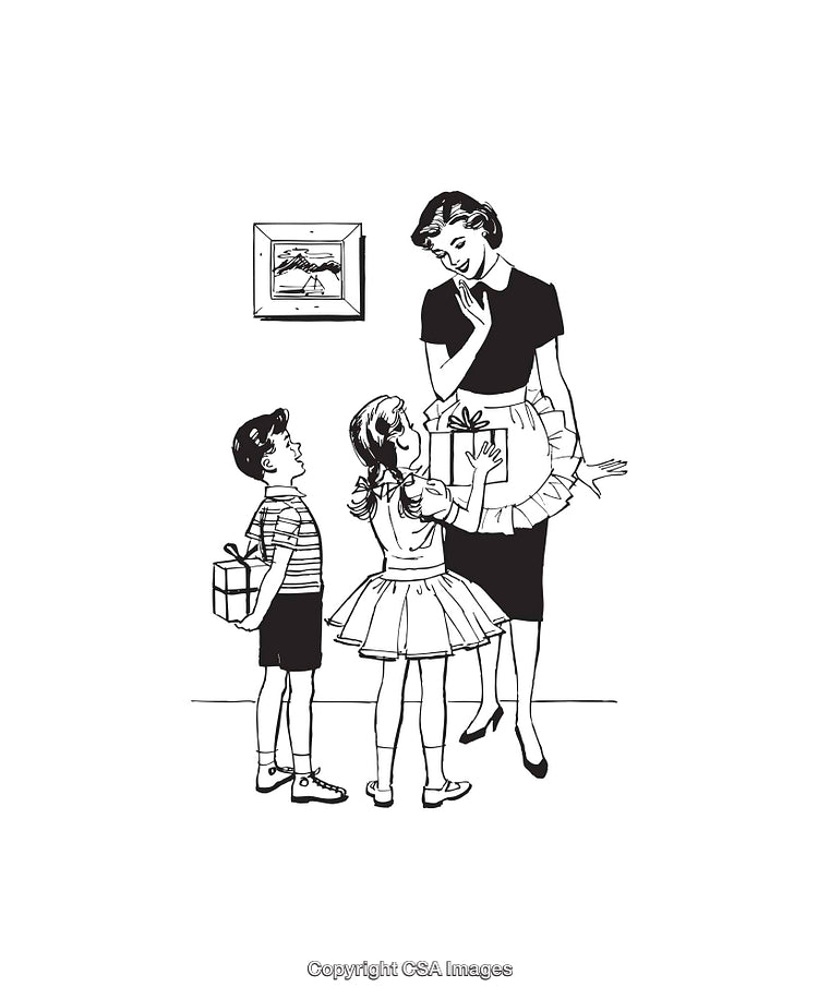 Children Giving Gifts to Mother in Black and White Line Art