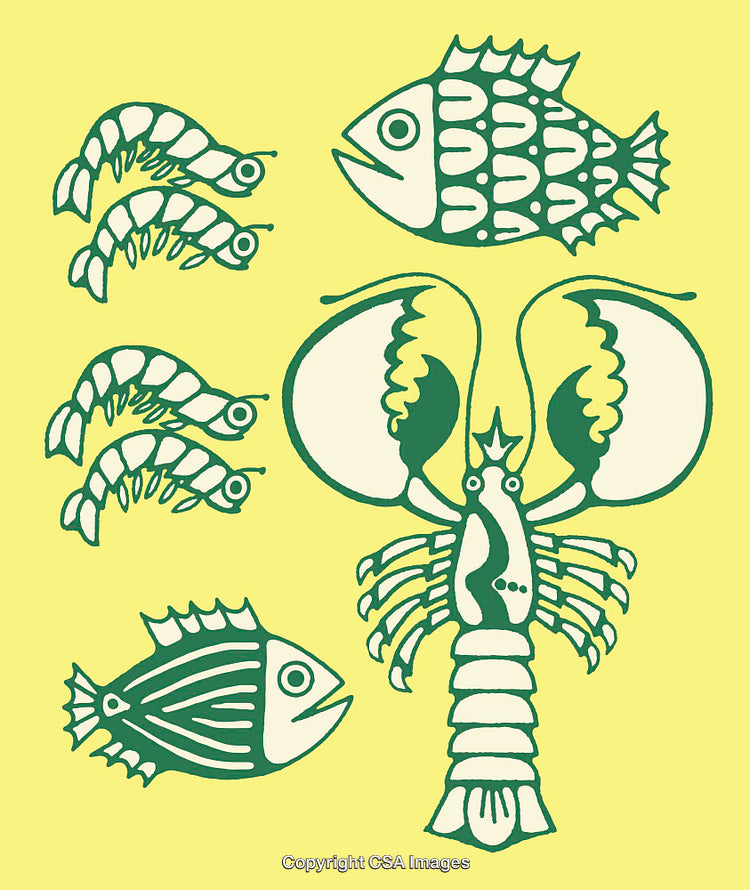 Colorful Line Art Illustration Featuring Sea Creatures on Yellow Background