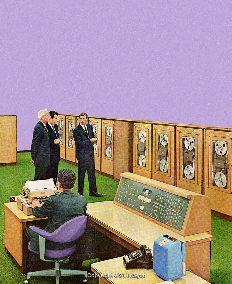 Retro Businessmen in Vintage Computer Room Illustrated Scene