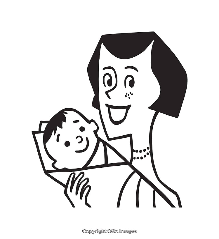 Mother Holding Baby in Retro Style Black and White Line Art
