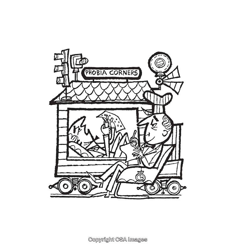 Black and White Illustration of Phobia-Themed Train Cartoon Scene