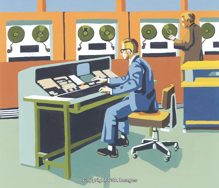 Retro Office Scene With Vintage Computer Machinery and Operators