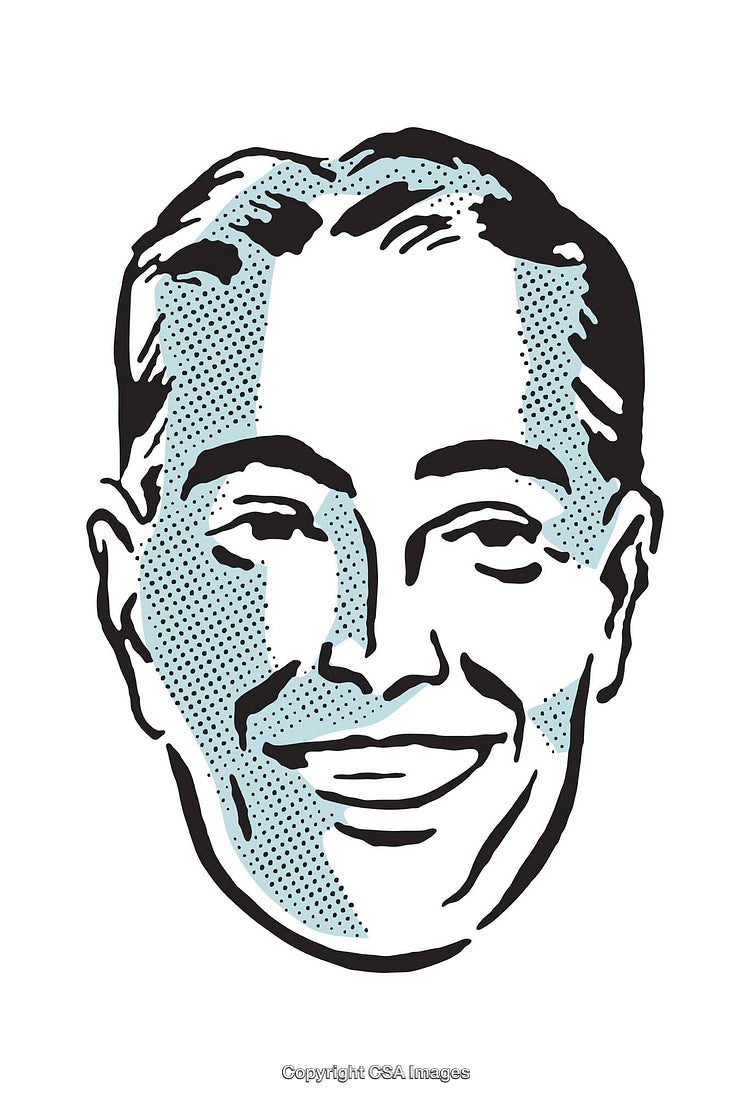 Stylized Black and White Retro Illustration of a Smiling Man's Face