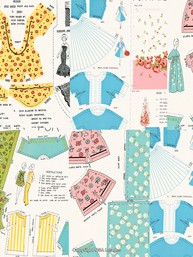 Vintage Sewing Patterns Collage with Floral and Retro Design Elements