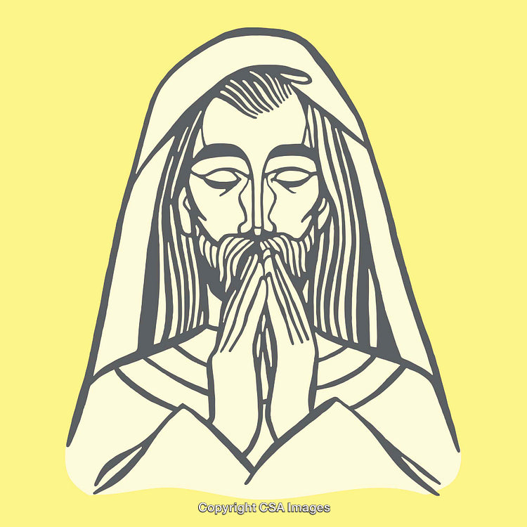 Line Art Illustration of Religious Figure Praying on Yellow Background