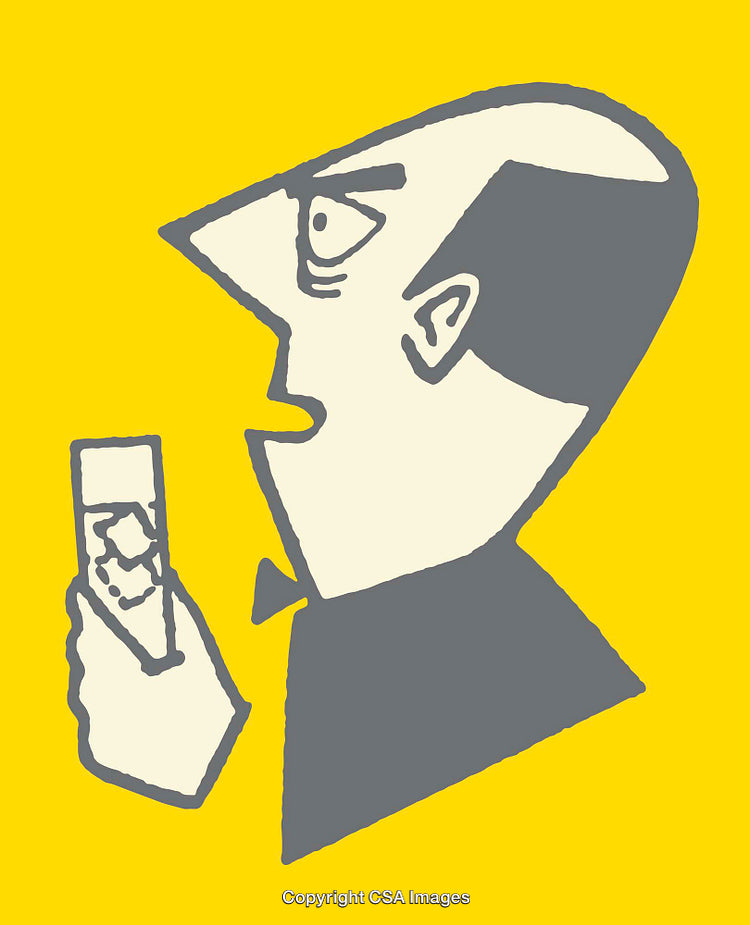 Illustrated Cartoon Character Holding Smartphone on Yellow Background