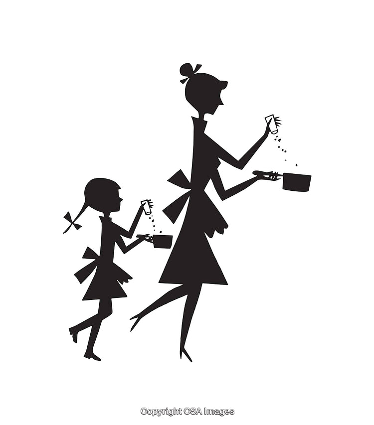 Mother and Daughter Cooking Together in Black and White Illustration
