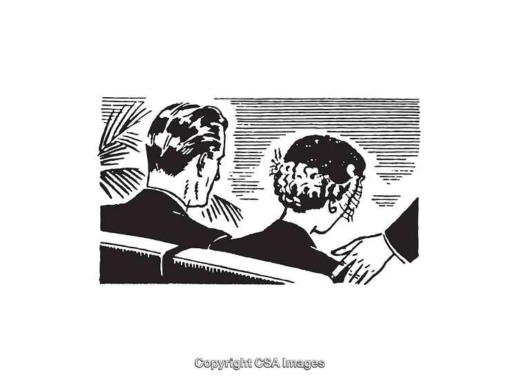 Classic Black and White Illustration of a Seated Couple Communicating