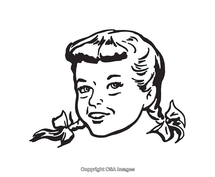 Charming Black and White Line Art Illustration of a Smiling Girl